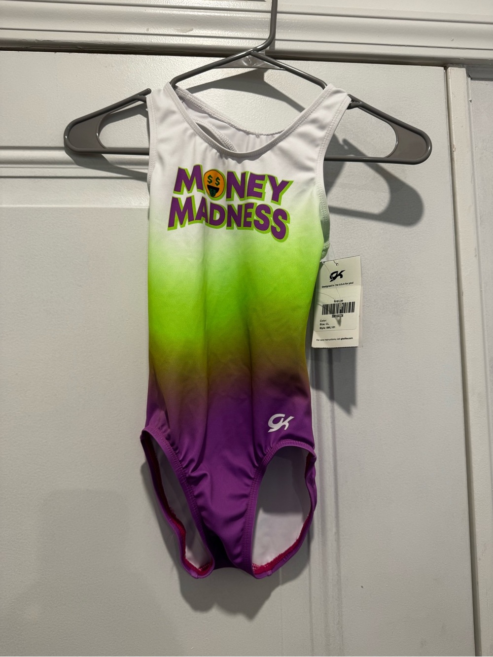 GK Elite "Money Madness" Ombre Leotard - White, Lime, Purple size child large
